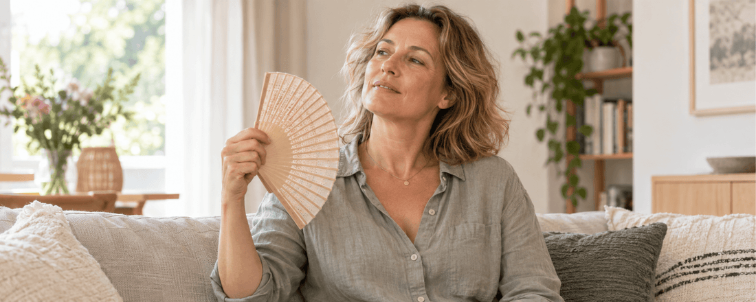 vrouw in de overgang met handwaaier