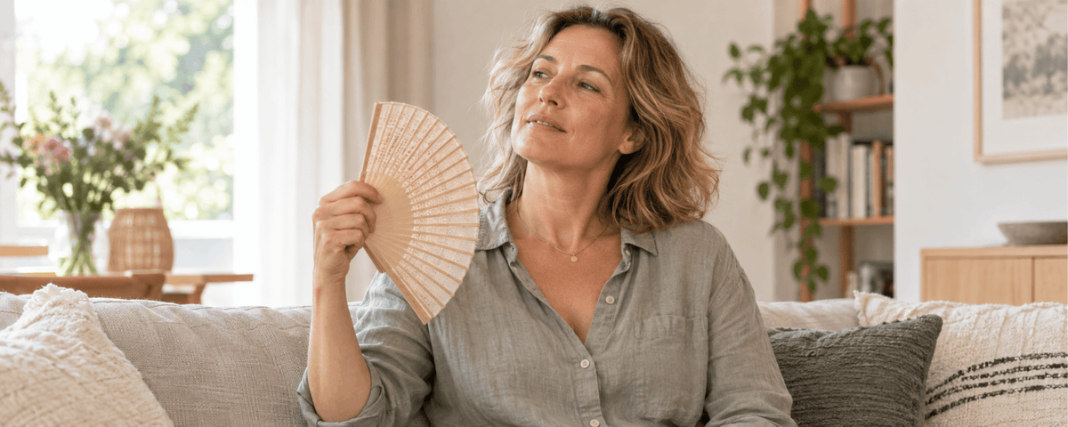 vrouw in de overgang met handwaaier